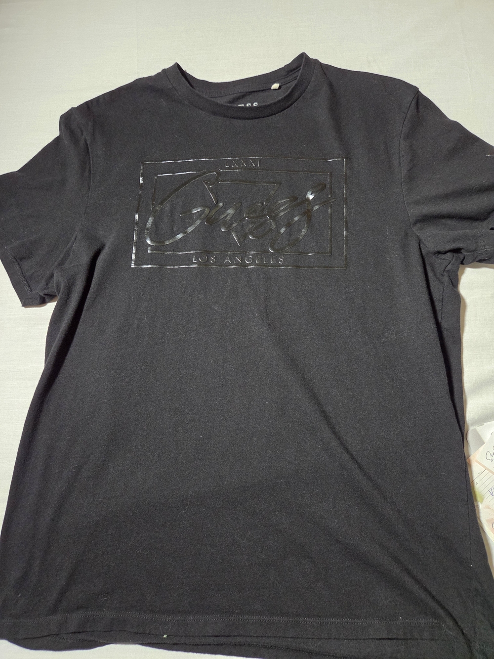 Guess Men's Black Logo Crew Tee with Glossy Emblem